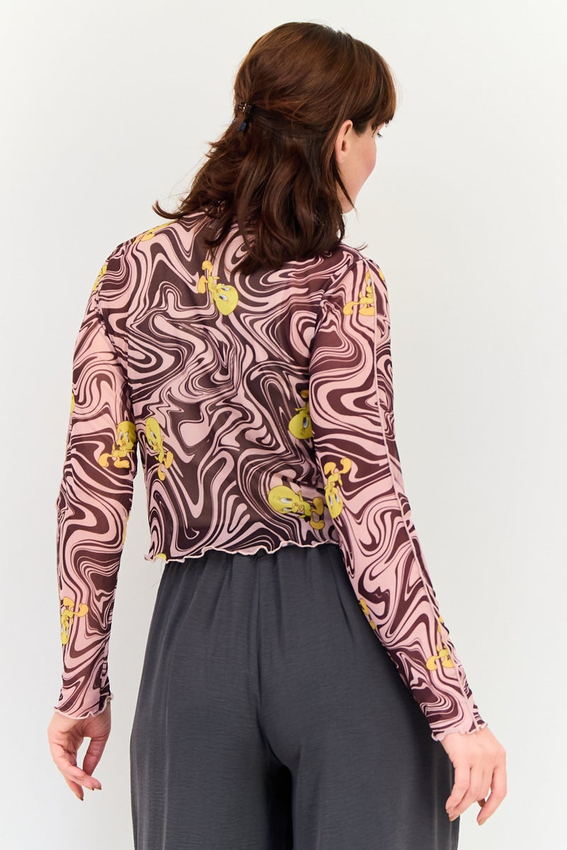 Lefties x Looney Tunes Women Ruffle Neck Long Sleeve Abstract Print Top, Multicolor - Image 3